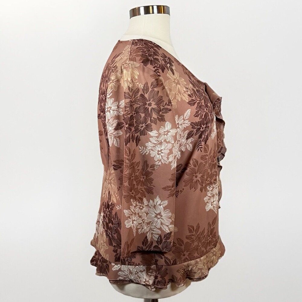 Cato Tunic Blouse Women’s Size 18/20 Brown Floral Long Sleeve Ruffle V-Neck Boho - Picture 4 of 13